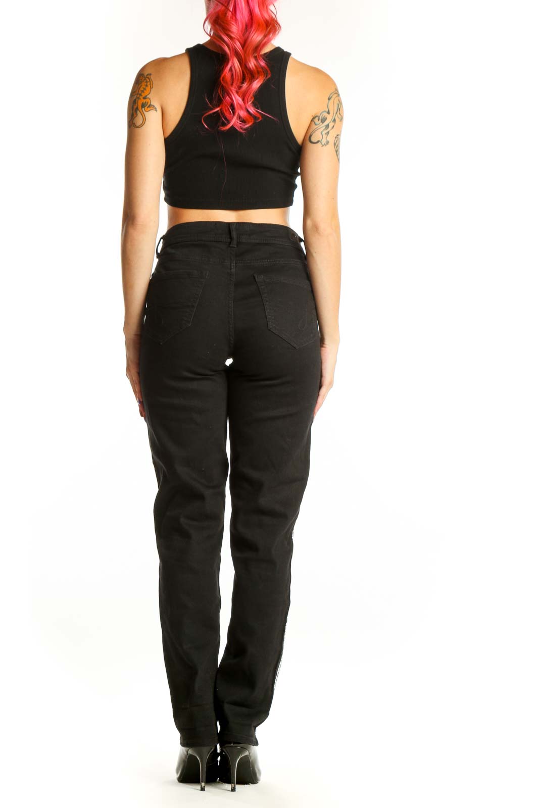 Black Jordache denim jeans with side stripe detail, back view on model