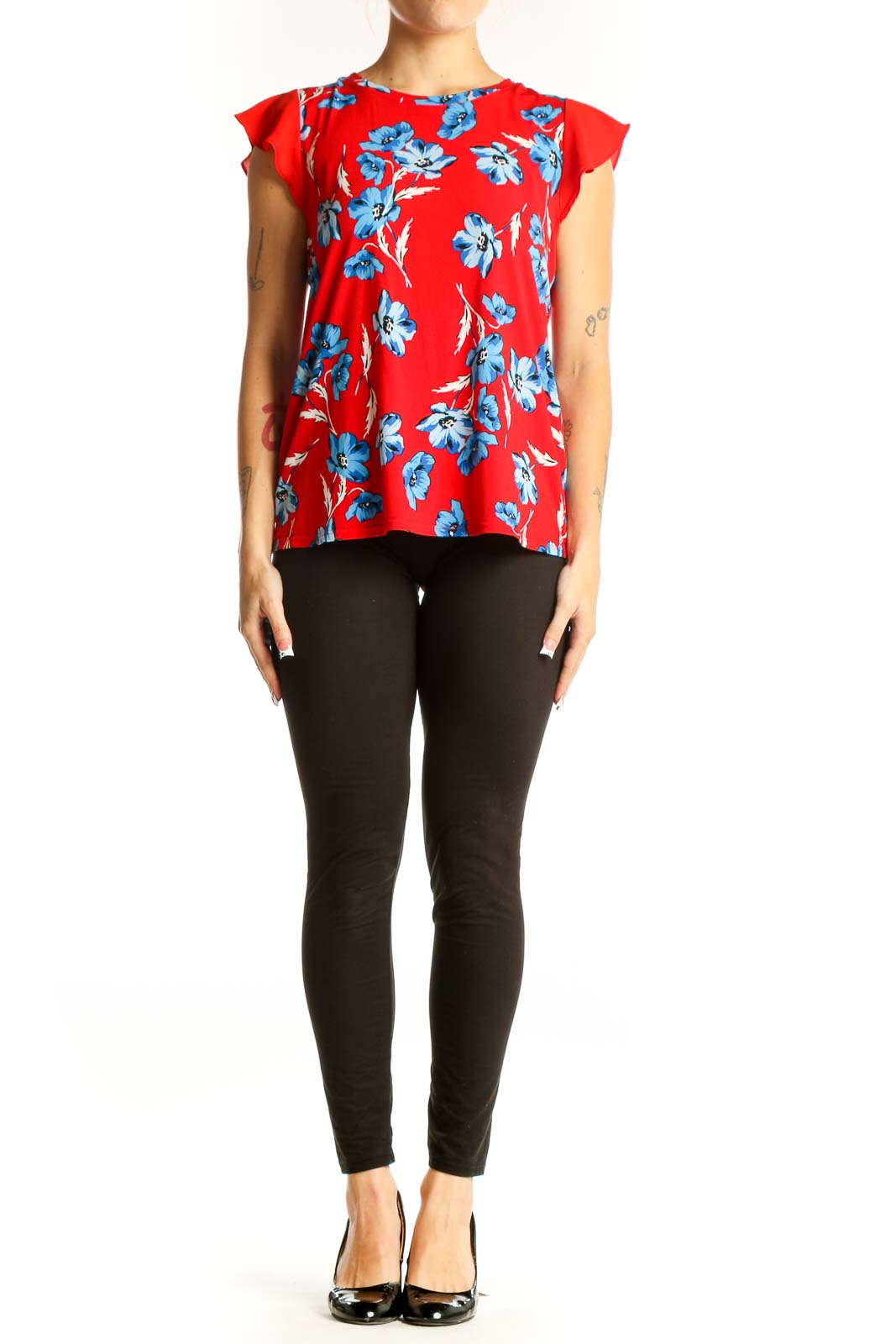Front view of red CeCe blouse with blue floral print and flutter sleeves