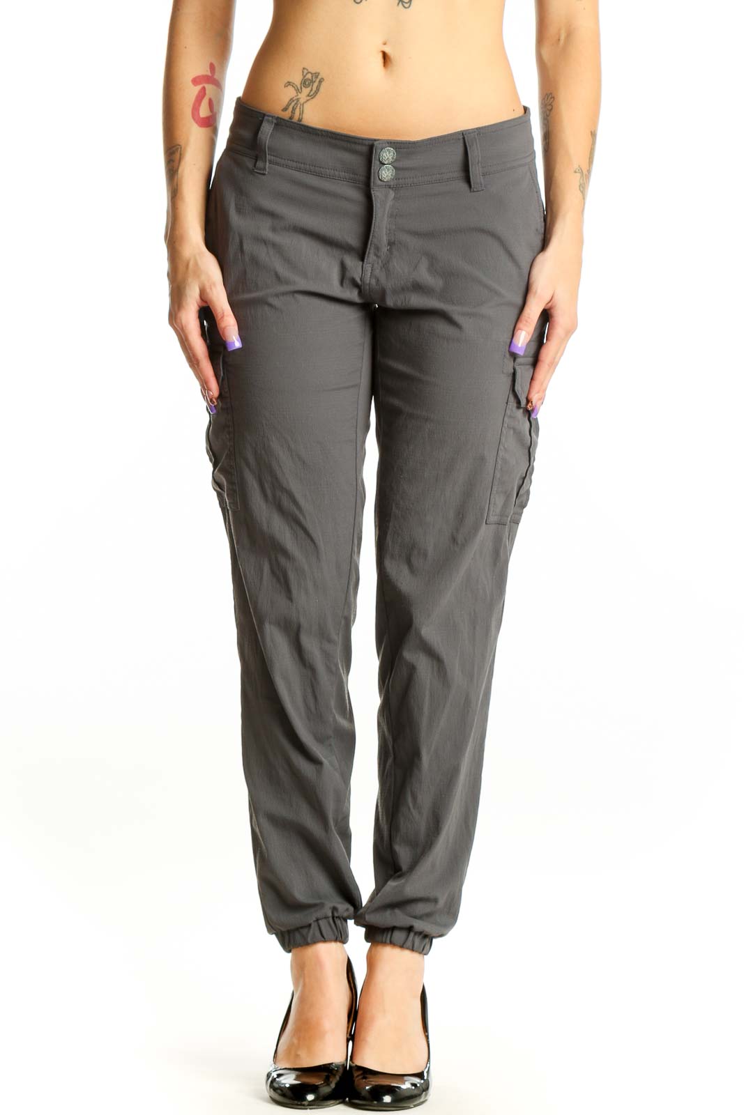 prAna gray cargo jogger pants front view with side pockets and tapered ankles on model