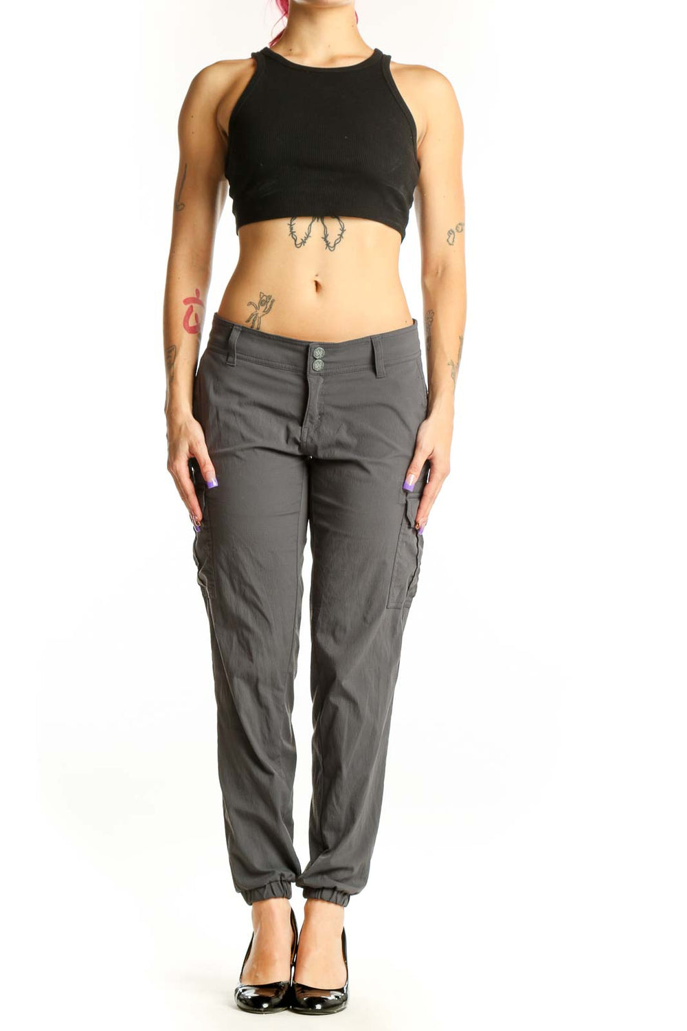 prAna gray cargo jogger pants front view with side pockets and tapered ankles on model