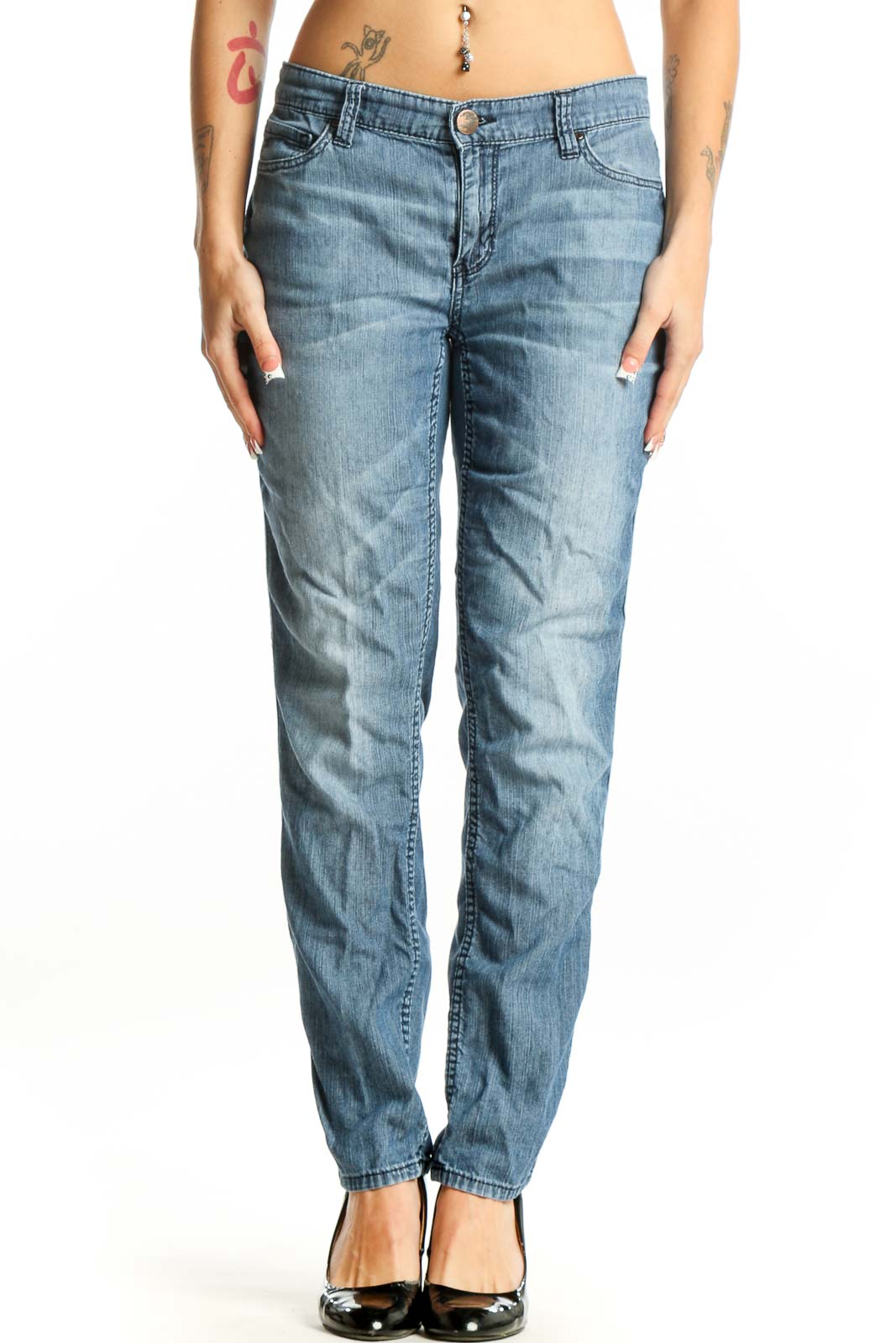 Front view of DKNY light blue straight leg jeans with relaxed fit