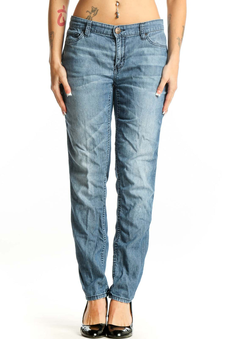 Front view of DKNY light blue straight leg jeans with relaxed fit