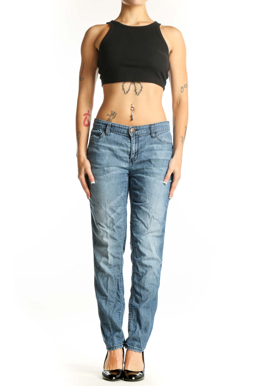 Front view of DKNY light blue straight leg jeans with relaxed fit