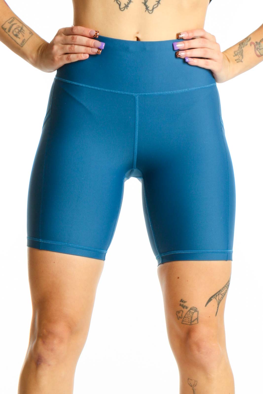 Front view of Athleta Blue Compression Shorts XS with high-waisted design and supportive fit