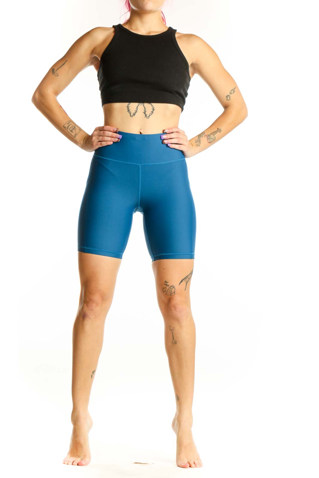 Front view of Athleta Blue Compression Shorts XS with high-waisted design and supportive fit