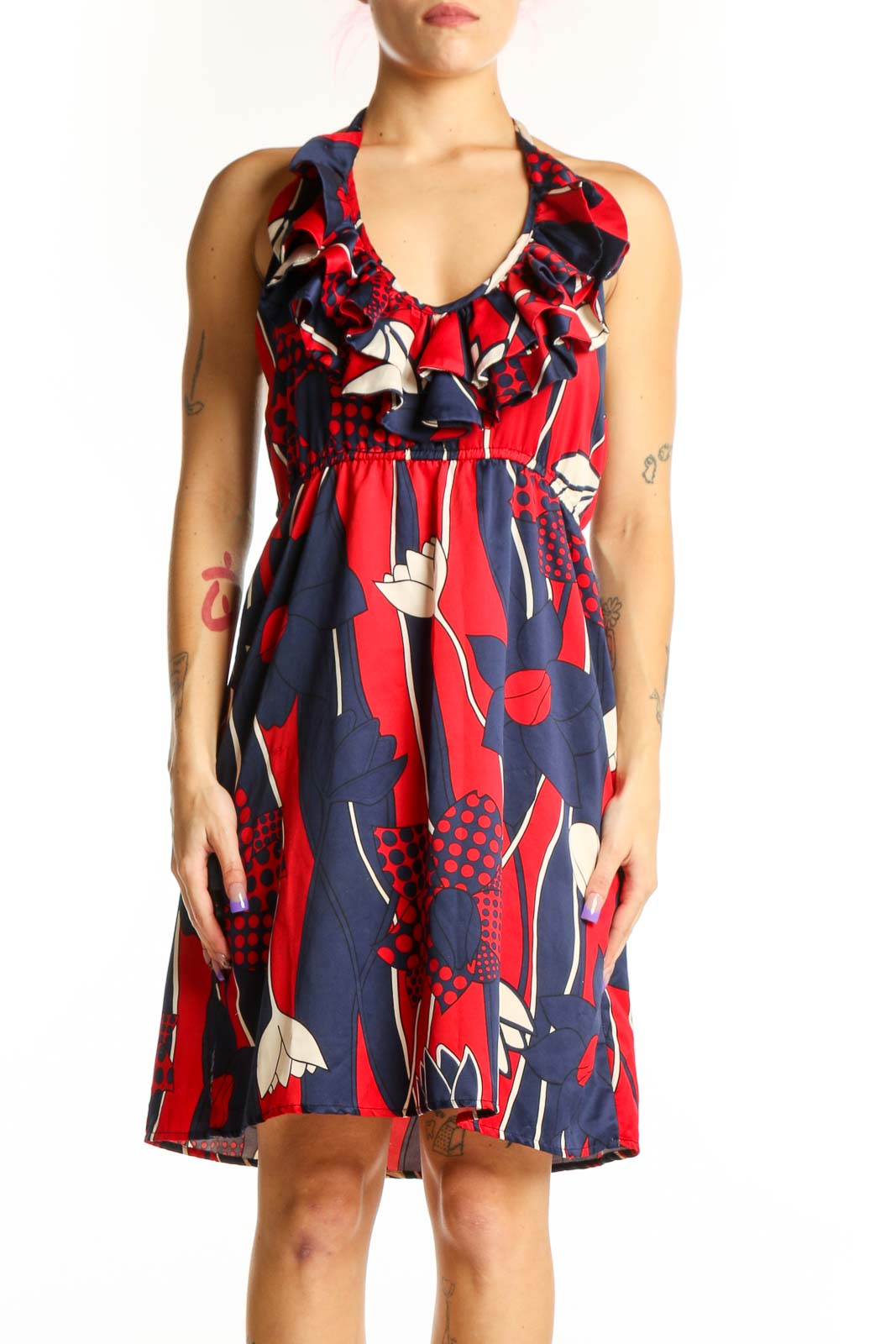 Red and navy abstract geometric ruffle midi dress with V-neckline and empire waist by JUDITHMARCH