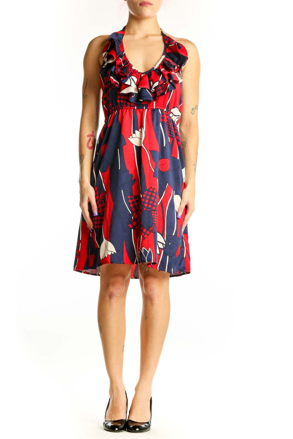 Red and navy abstract geometric ruffle midi dress with V-neckline and empire waist by JUDITHMARCH