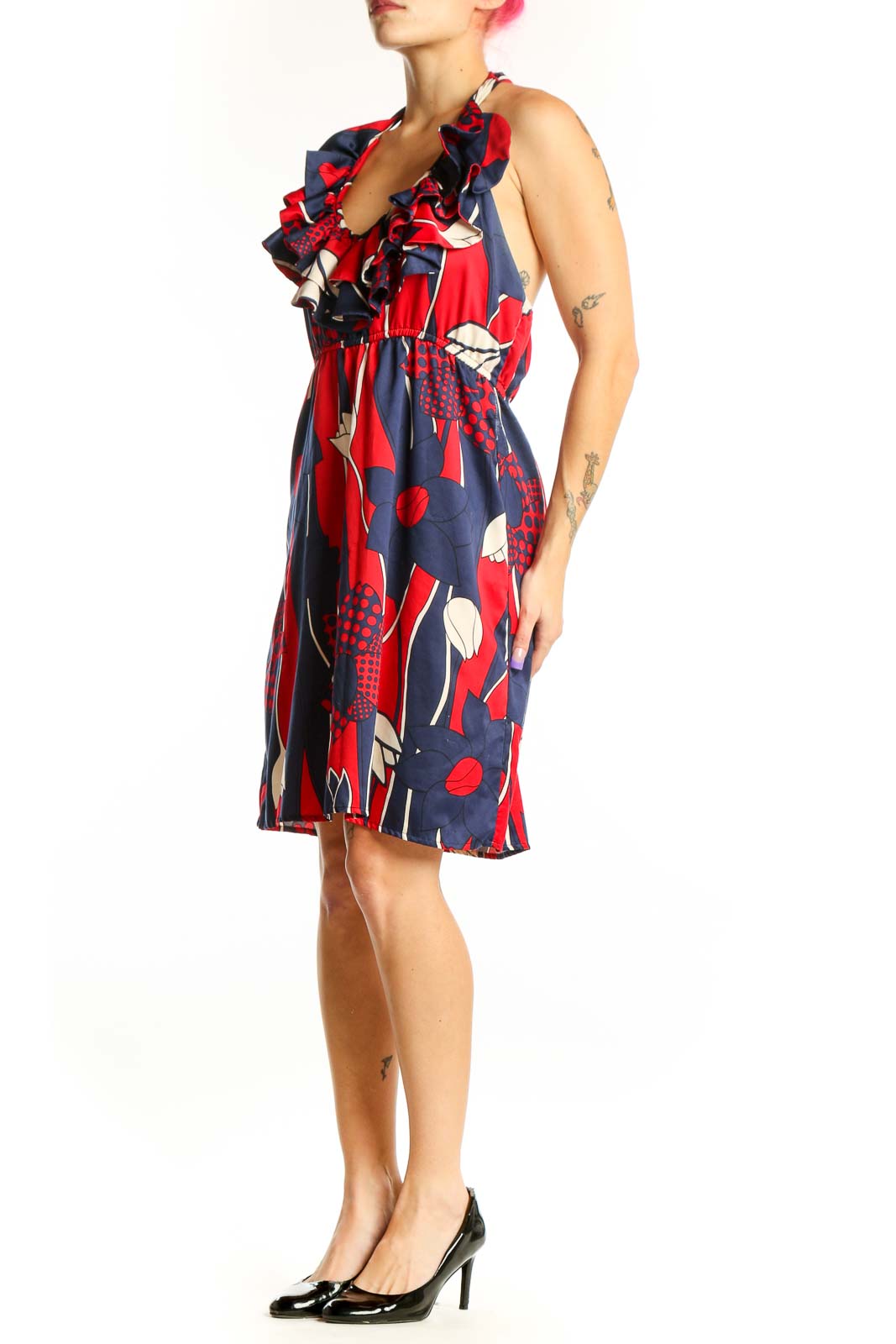 Red and navy abstract geometric ruffle midi dress with V-neckline and empire waist by JUDITHMARCH