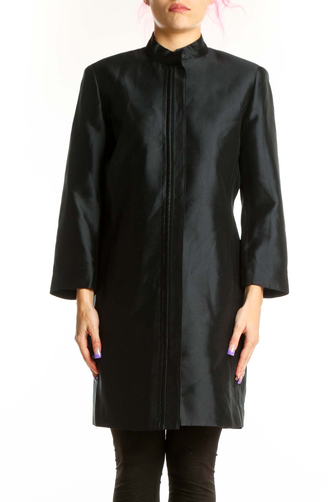 Dana Buchman black silk button-front jacket dress with pleated center detail and collared neckline, front view