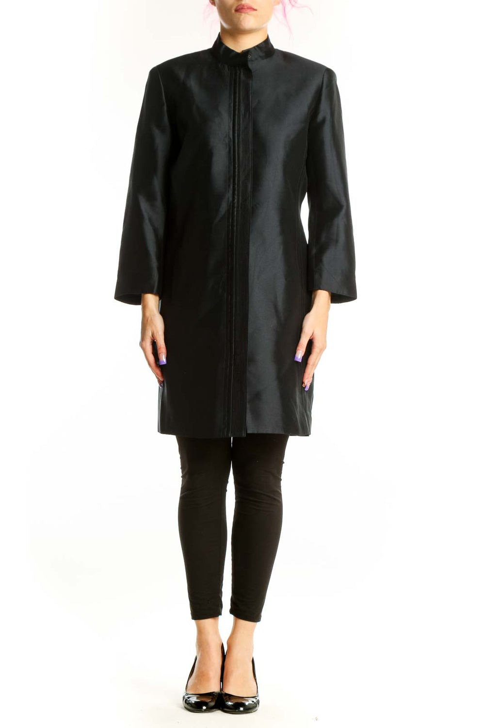 Dana Buchman black silk button-front jacket dress with pleated center detail and collared neckline, front view
