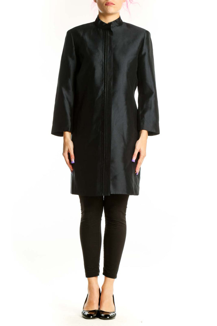 Dana Buchman black silk button-front jacket dress with pleated center detail and collared neckline, front view