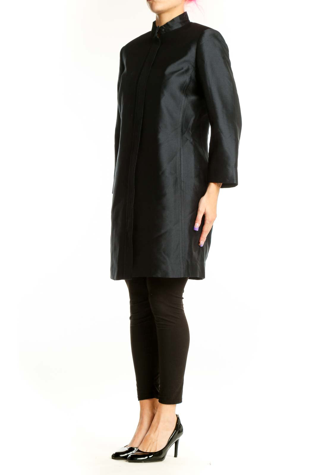 Dana Buchman black silk button-front jacket dress with pleated center detail and collared neckline, front view