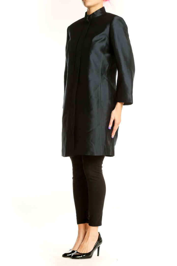 Dana Buchman black silk button-front jacket dress with pleated center detail and collared neckline, front view