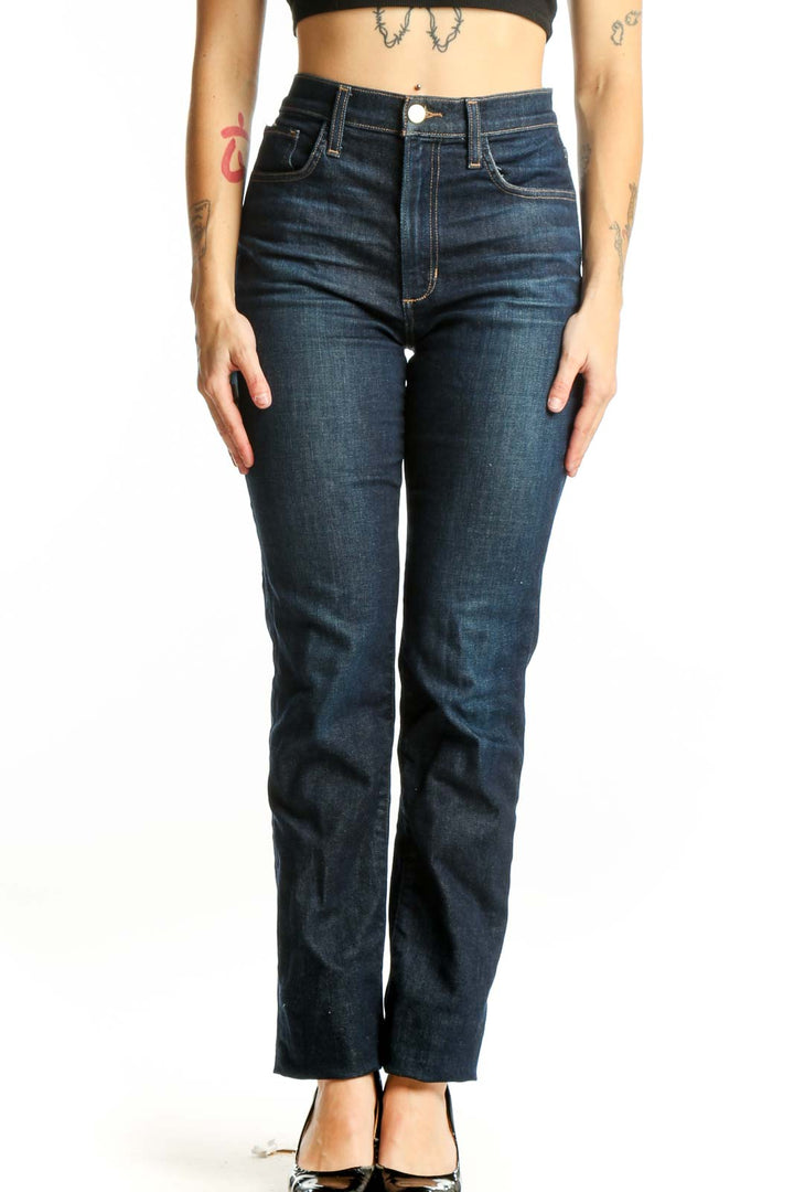 Front view of dark blue high-waisted straight leg jeans by Joe's, size S, featuring classic five-pocket styling and flattering silhouette