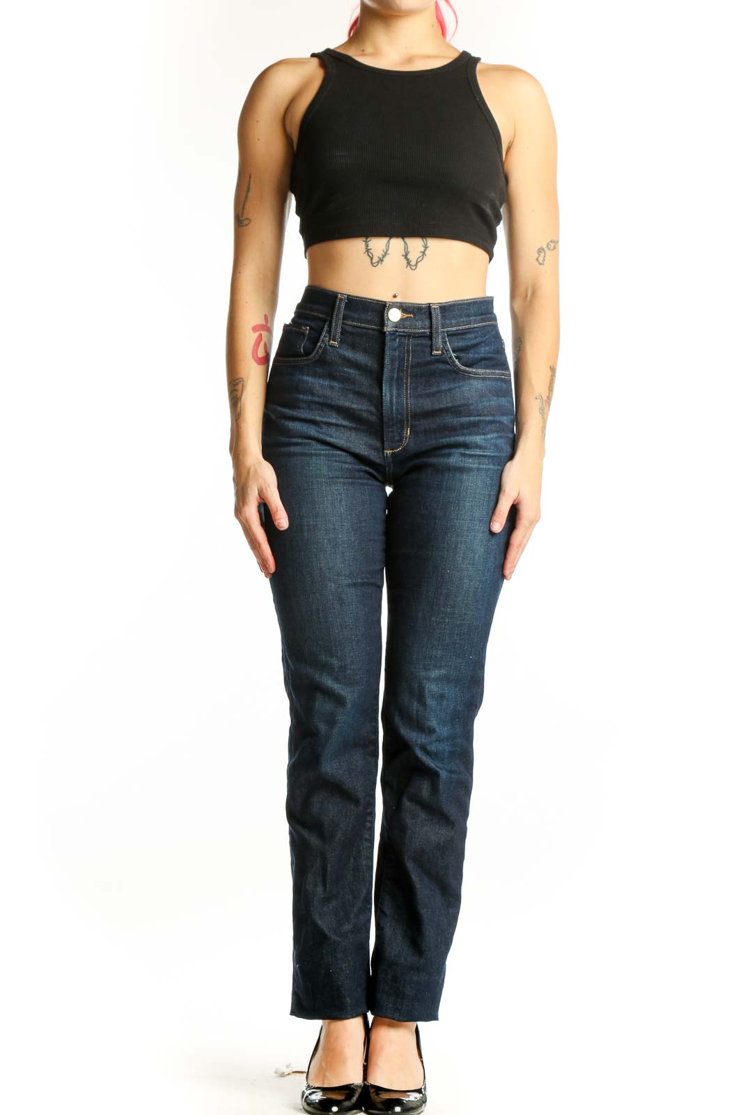 Front view of dark blue high-waisted straight leg jeans by Joe's, size S, featuring classic five-pocket styling and flattering silhouette
