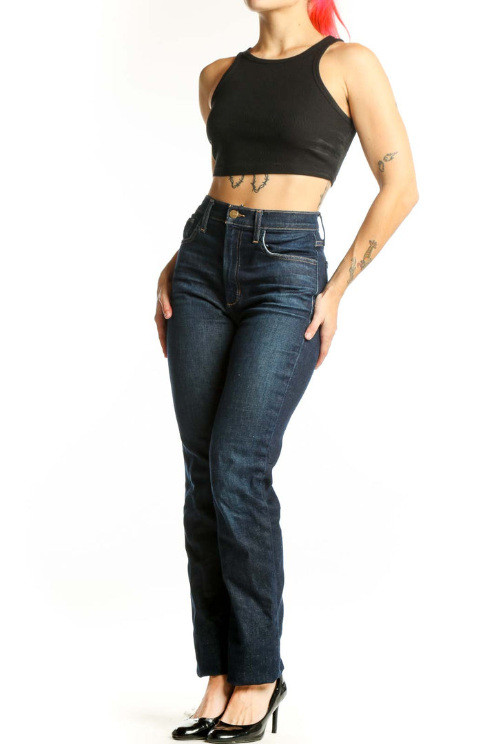 Front view of dark blue high-waisted straight leg jeans by Joe's, size S, featuring classic five-pocket styling and flattering silhouette