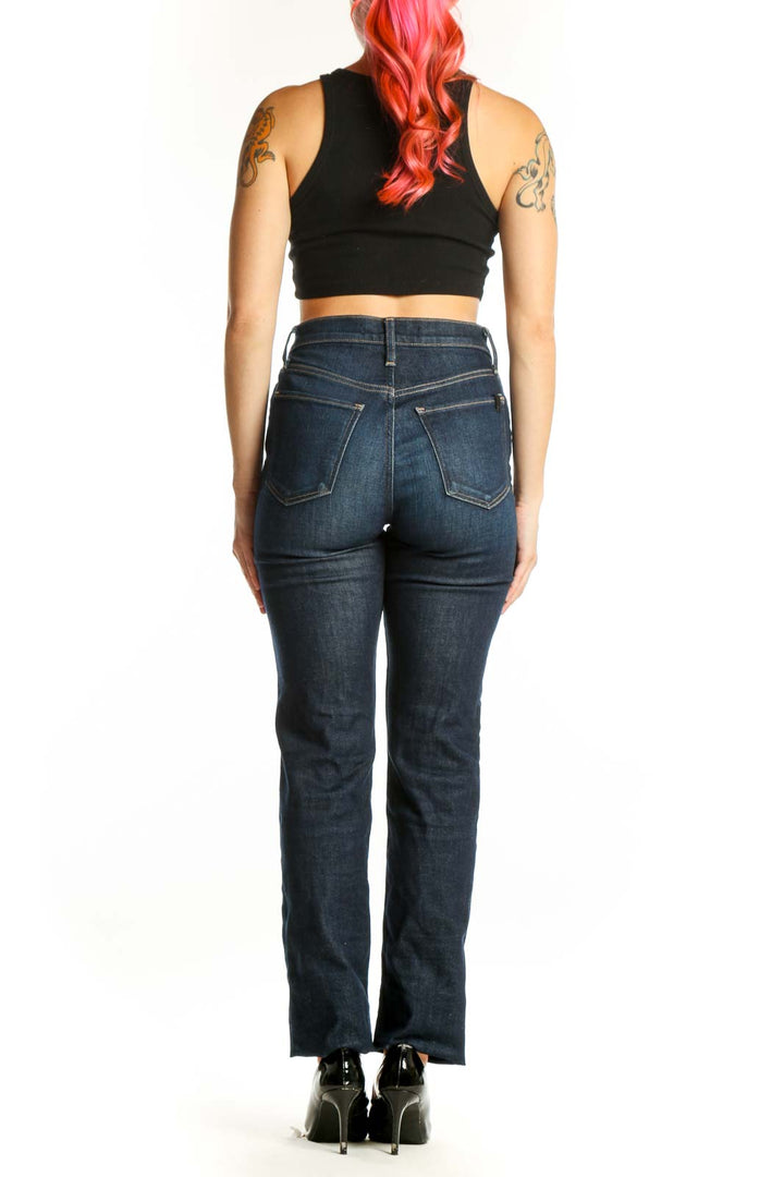 Back view of dark blue high-waisted straight leg jeans by Joe's, size S, showcasing the straight leg cut and high-rise waistband