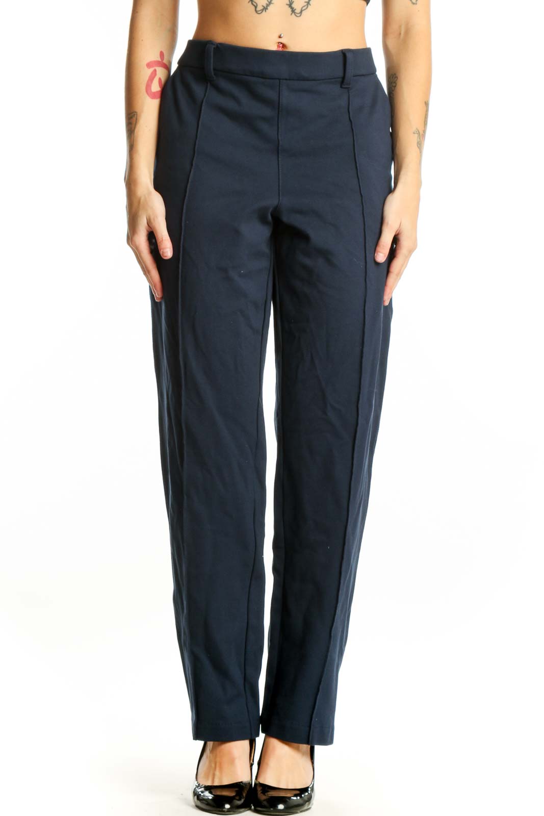 Navy wide leg dress pants with high waisted design, front view on model
