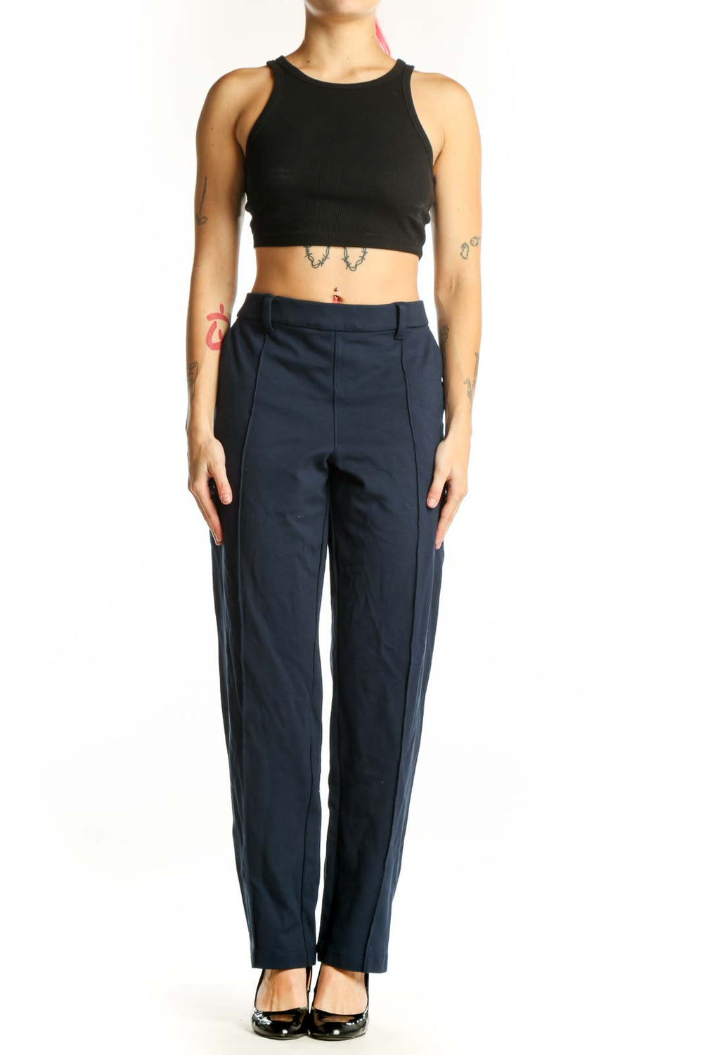 Navy wide leg dress pants with high waisted design, front view on model