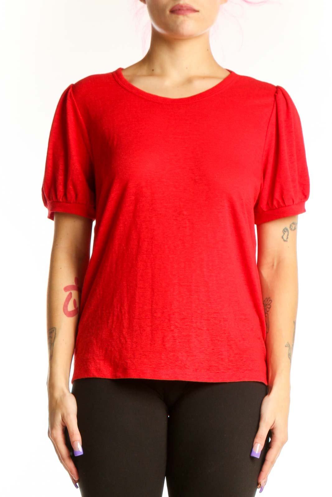 Red puff sleeve top by Banana Republic with crew neckline, front view on model