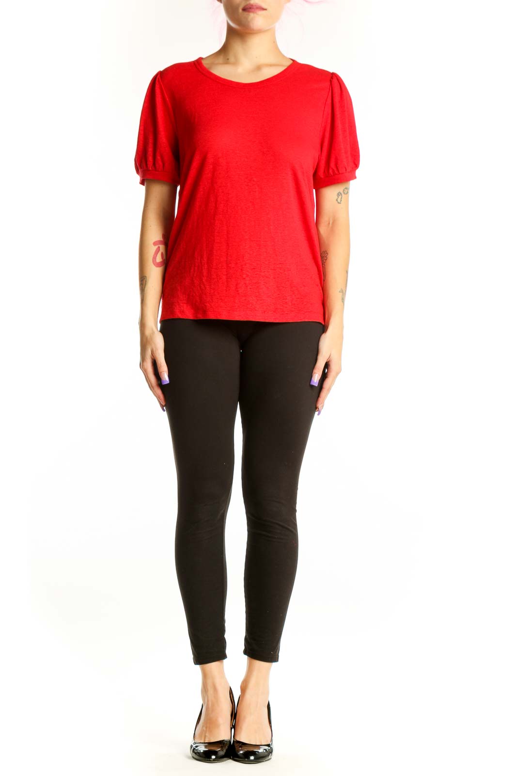Red puff sleeve top by Banana Republic with crew neckline, front view on model