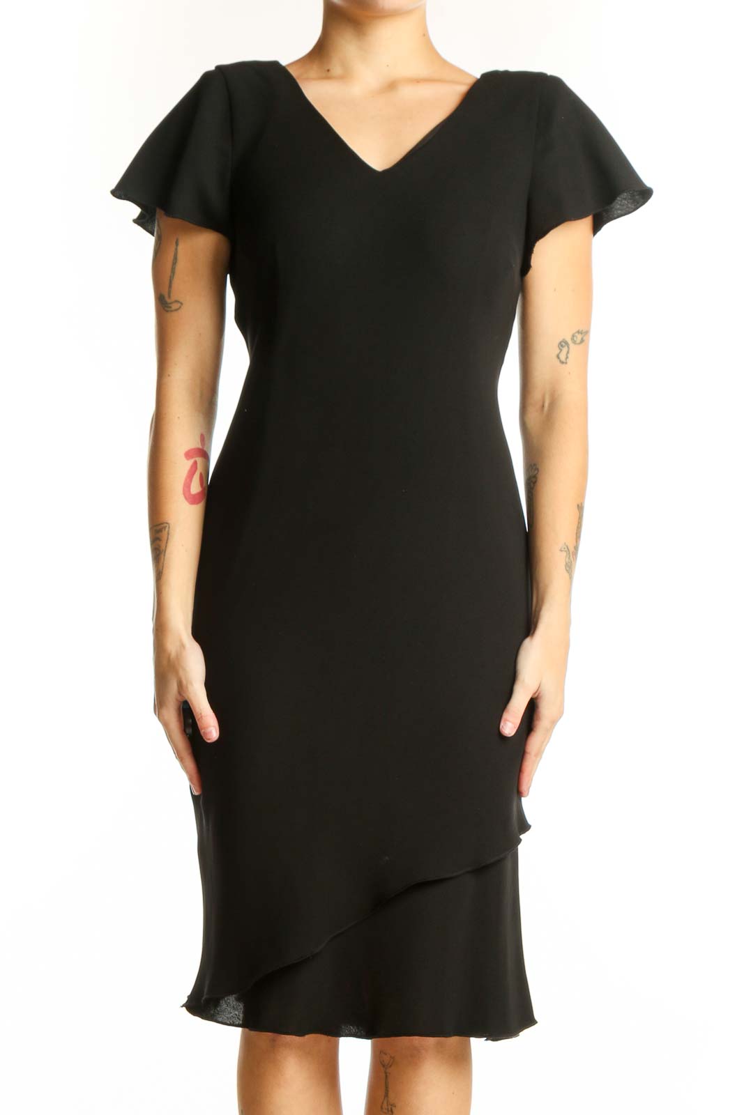 Black flutter sleeve midi dress with V-neckline and asymmetrical hemline, front view