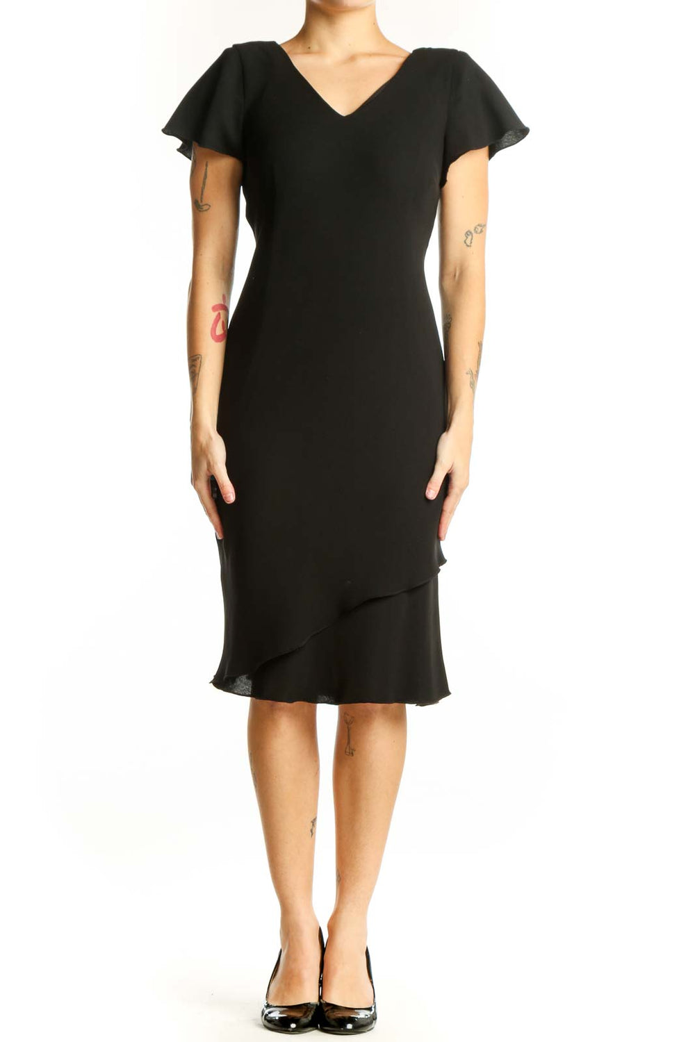 Black flutter sleeve midi dress with V-neckline and asymmetrical hemline, front view