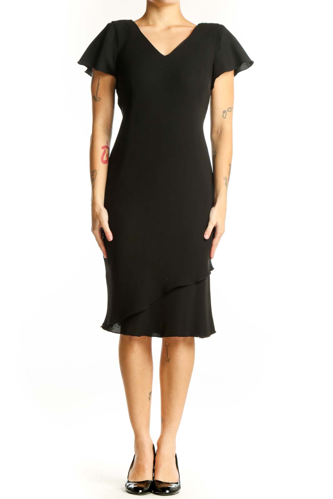 Black flutter sleeve midi dress with V-neckline and asymmetrical hemline, front view