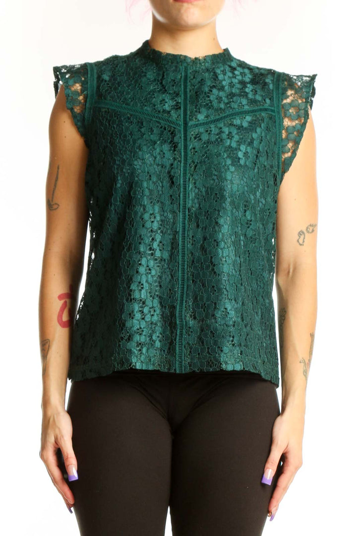 Forest green lace sleeveless top with delicate lace paneling and center front zipper by Nanette Lepore