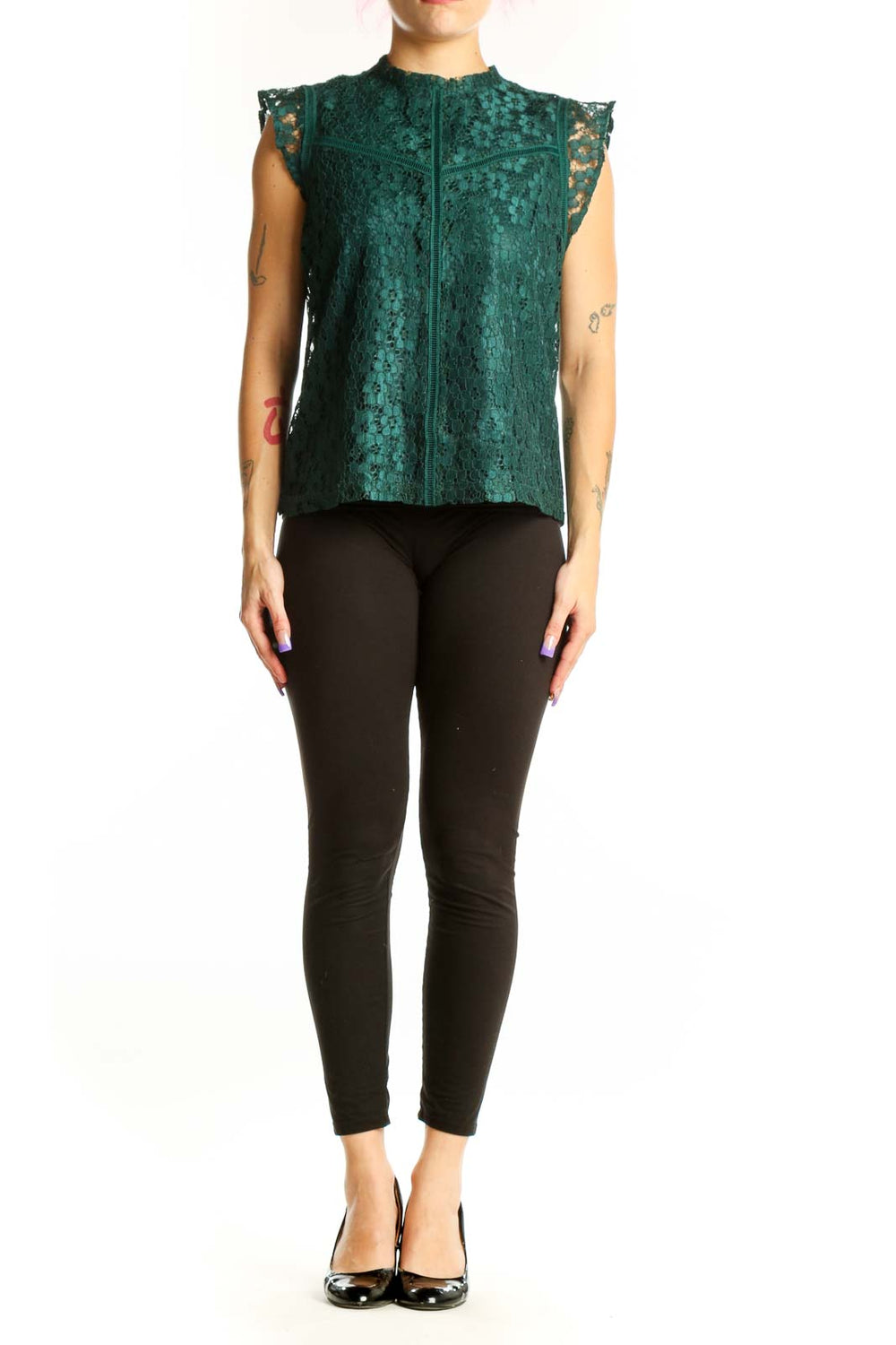 Forest green lace sleeveless top with delicate lace paneling and center front zipper by Nanette Lepore