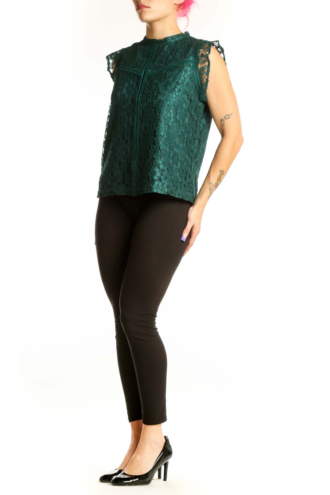 Forest green lace sleeveless top with delicate lace paneling and center front zipper by Nanette Lepore
