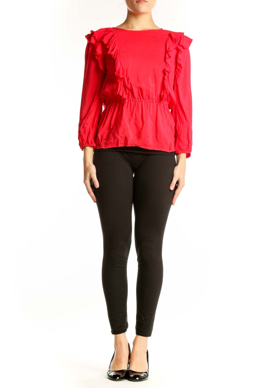 Red ruffle long sleeve viscose top with dramatic shoulder ruffles and cinched waist, front view