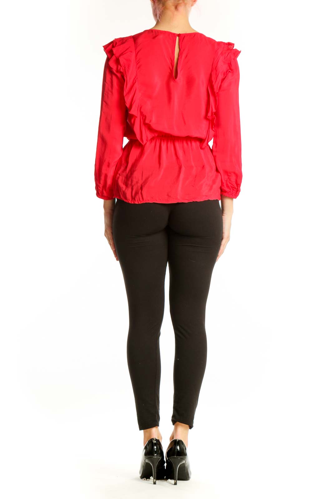 Red ruffle long sleeve viscose top with ruffled back detail and cinched waist, back view