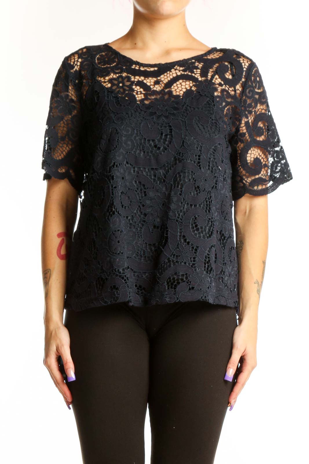 Black lace short sleeve top with intricate lace overlay and flutter sleeves, front view