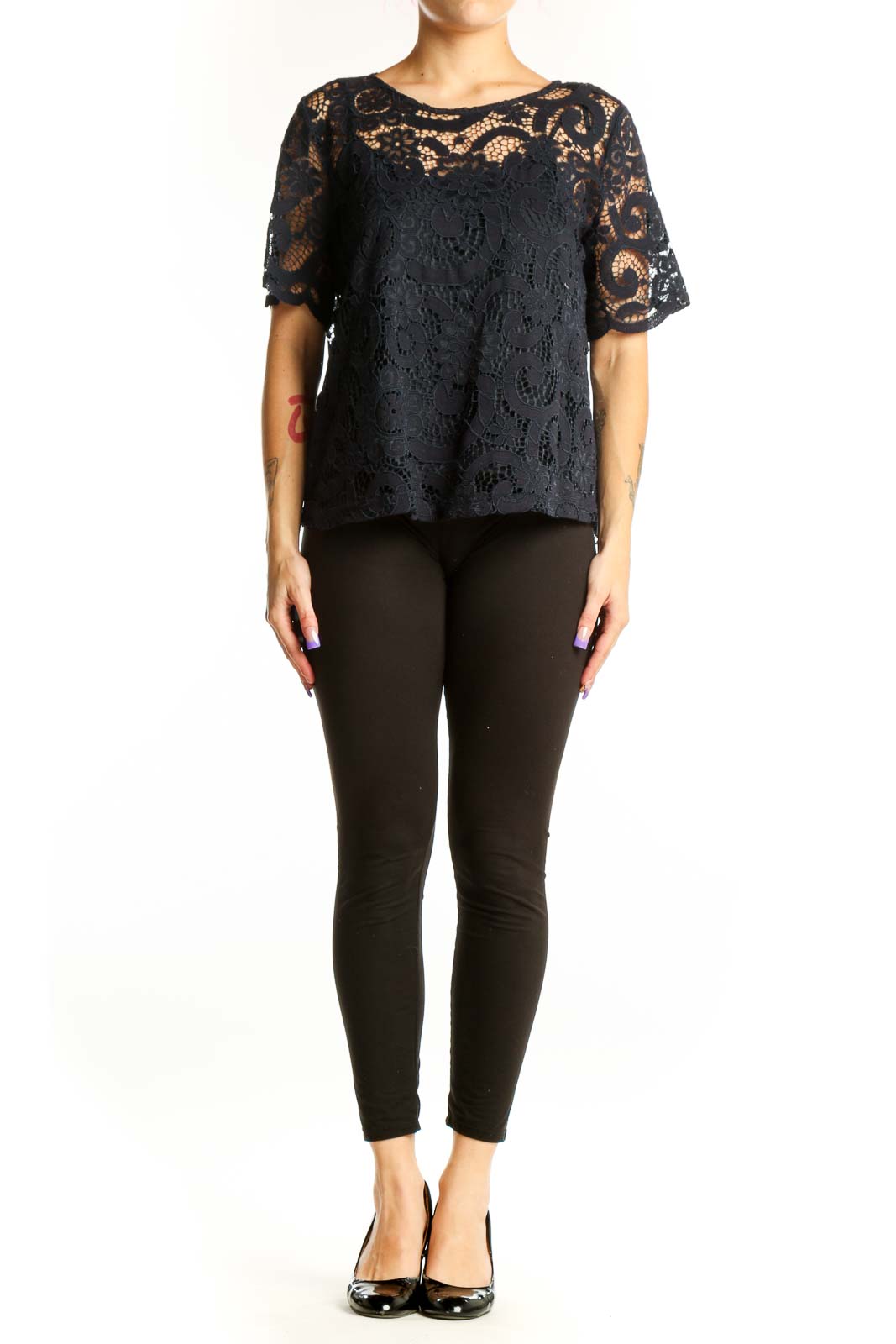 Black lace short sleeve top with intricate lace overlay and flutter sleeves, front view