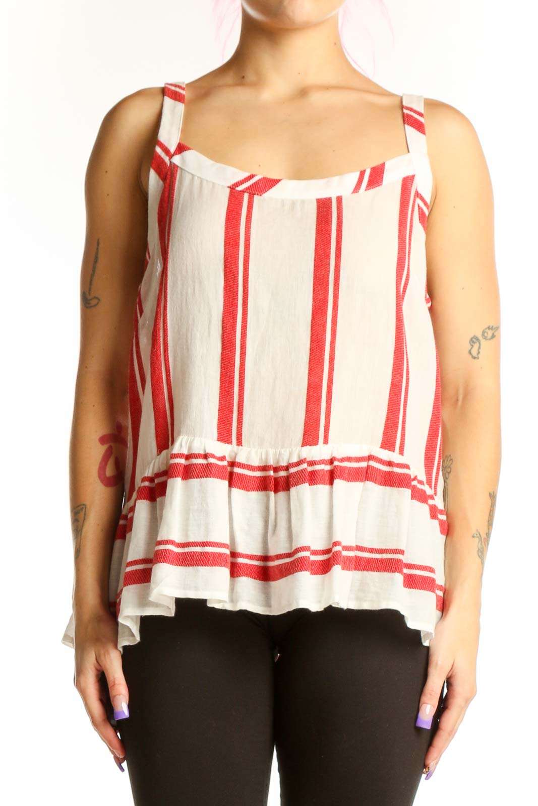 Red and white striped cotton tank top with square neckline and gathered waistband, front view