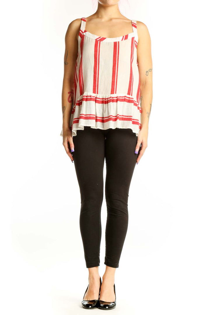 Red and white striped cotton tank top with square neckline and gathered waistband, front view