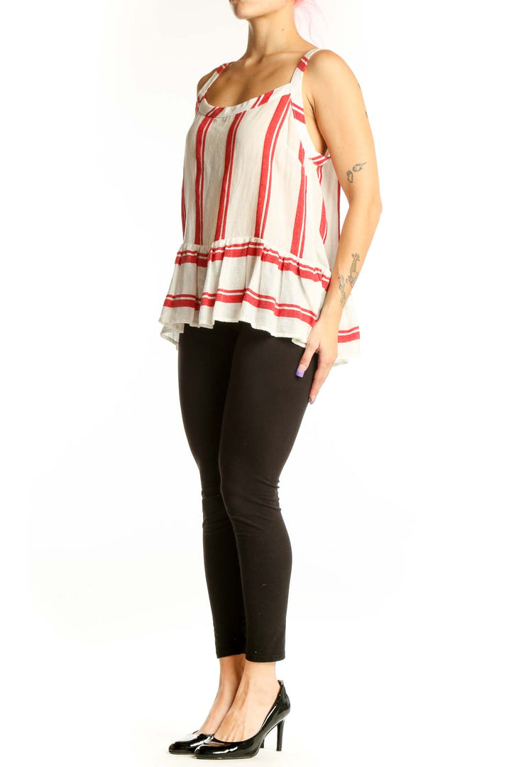 Red and white striped cotton tank top with square neckline and gathered waistband, front view