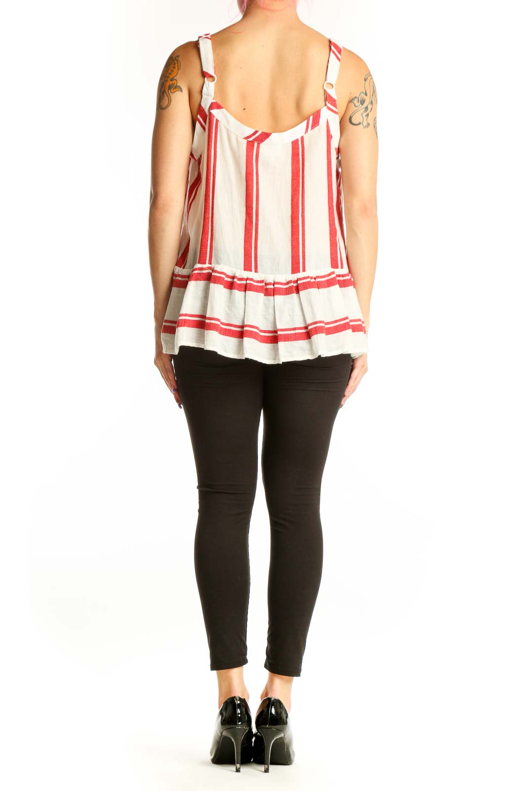 Red and white striped cotton tank top with asymmetrical hemline, back view