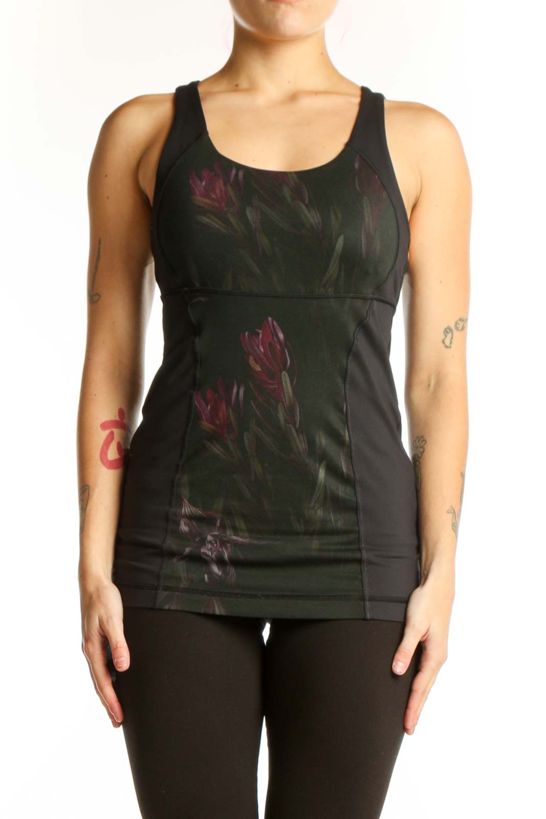 Black Lululemon tank top with burgundy floral print, racerback design, front view