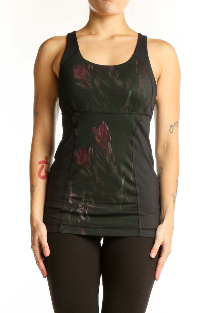 Black Lululemon tank top with burgundy floral print, racerback design, front view