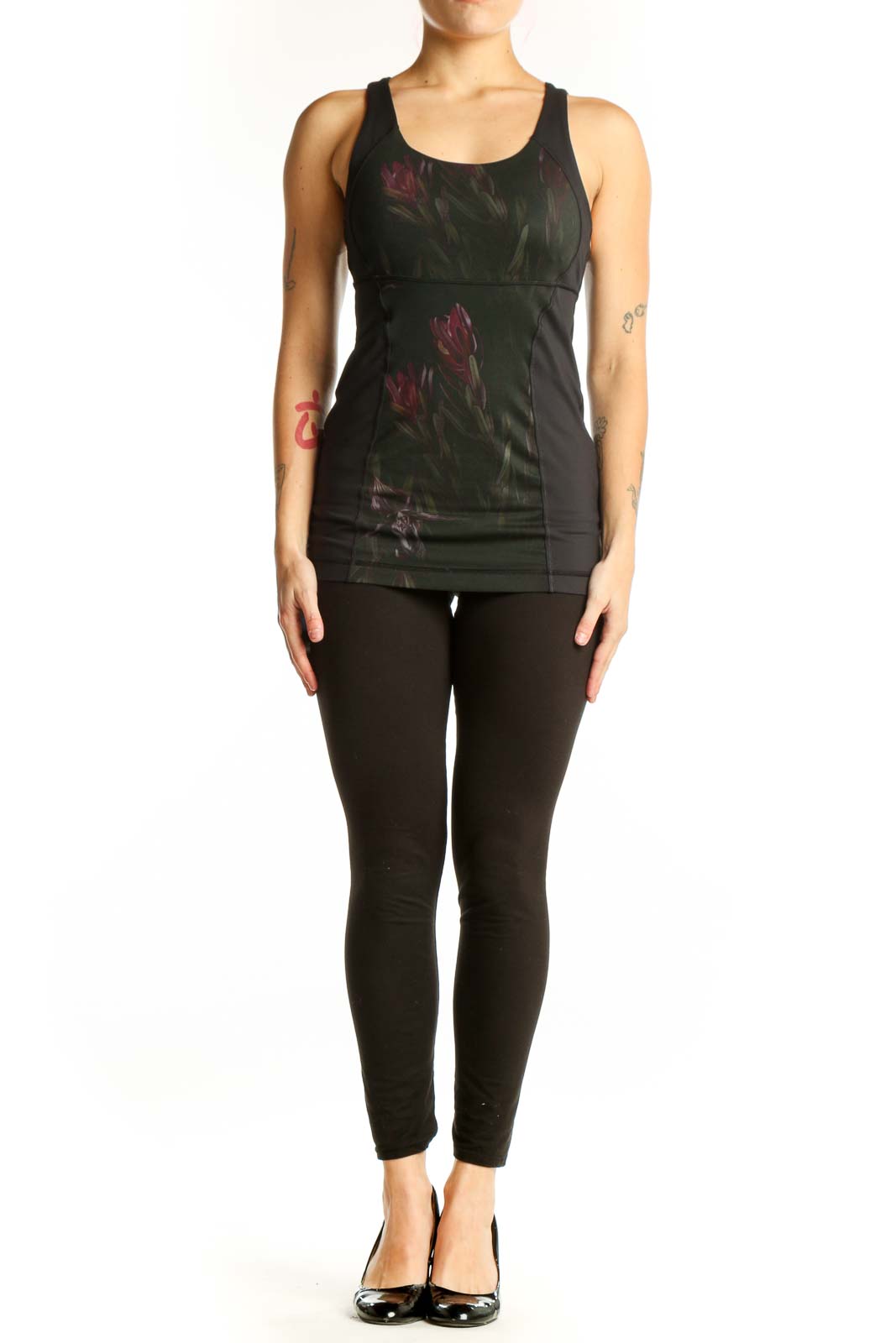 Black Lululemon tank top with burgundy floral print, racerback design, front view