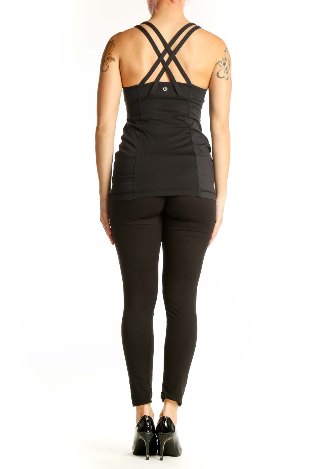 Black Lululemon tank top with burgundy floral print, racerback design, back view