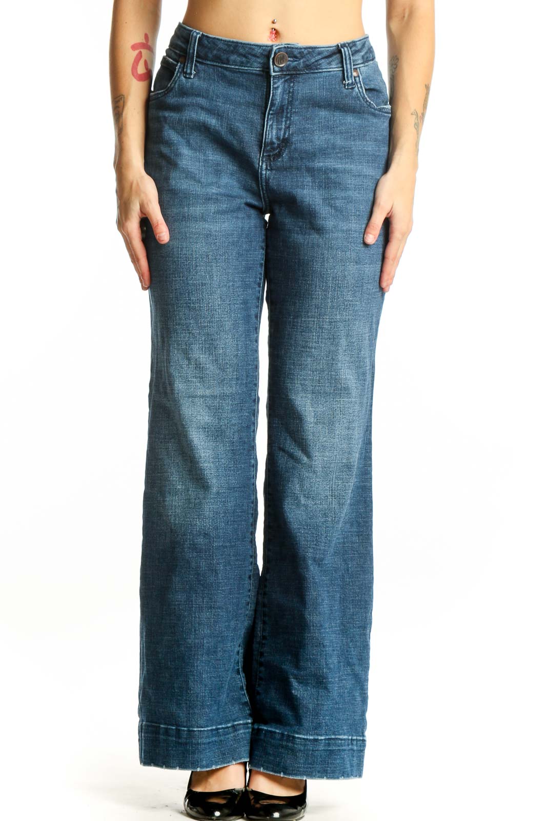Front view of Blue Medium Wash Wrangler Flare Jeans size L with classic five-pocket styling