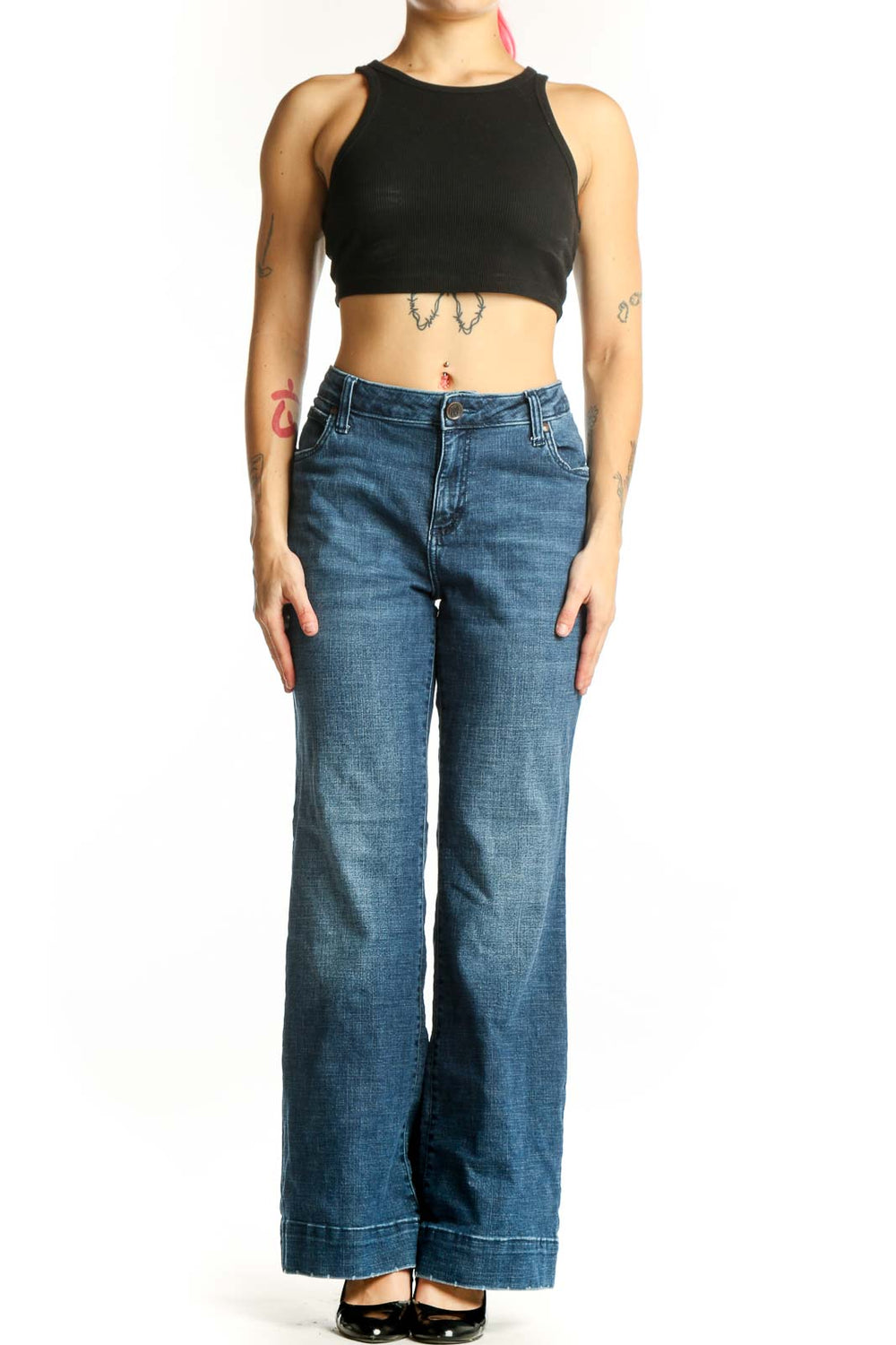 Front view of Blue Medium Wash Wrangler Flare Jeans size L with classic five-pocket styling