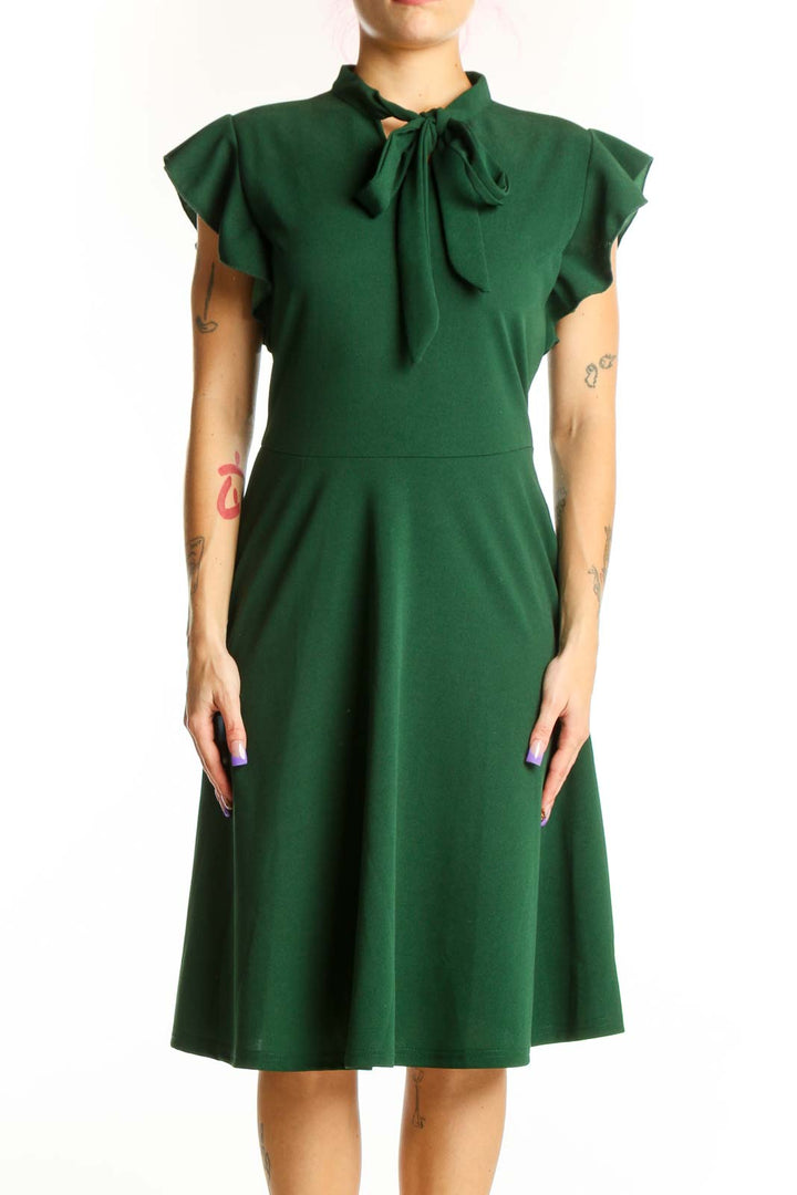 Front view of green tie neck cap sleeve midi dress with A-line skirt