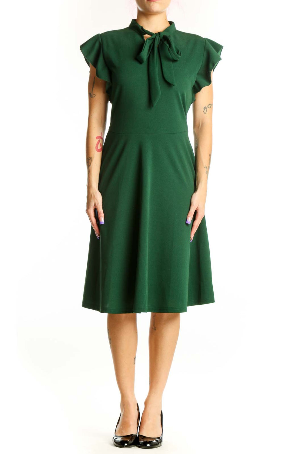 Front view of green tie neck cap sleeve midi dress with A-line skirt
