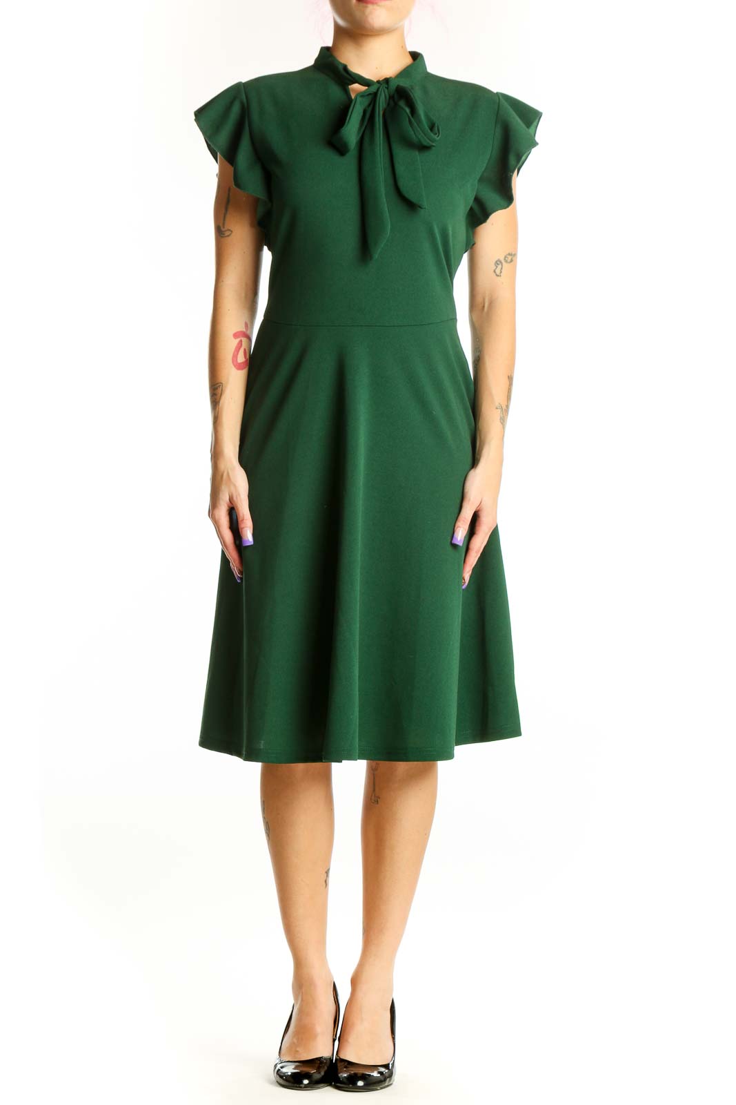Front view of green tie neck cap sleeve midi dress with A-line skirt