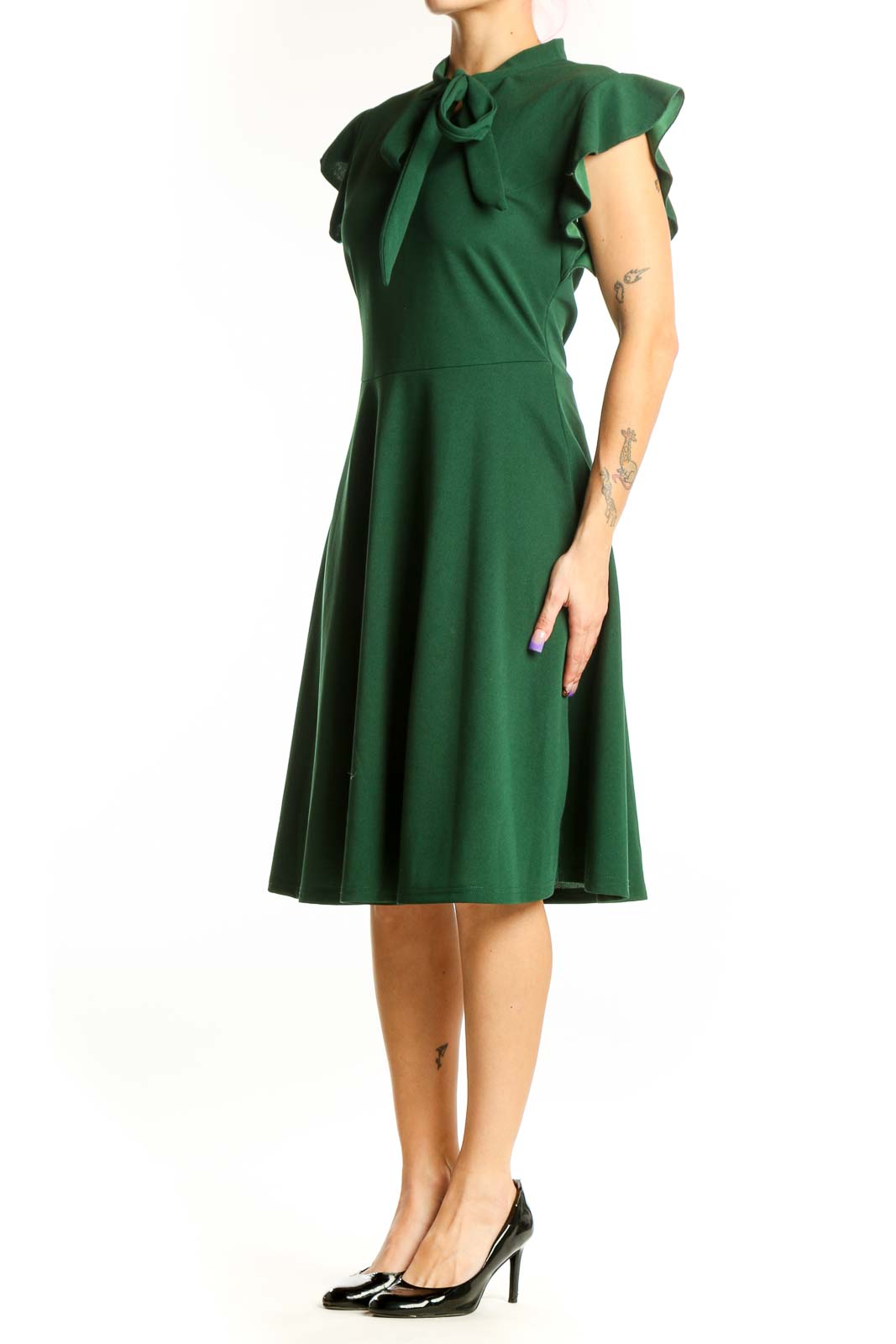 Front view of green tie neck cap sleeve midi dress with A-line skirt