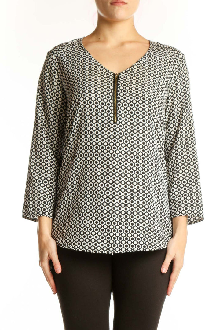 Sunny Leigh cream and black geometric print top with three-quarter sleeves and V-neckline, front view
